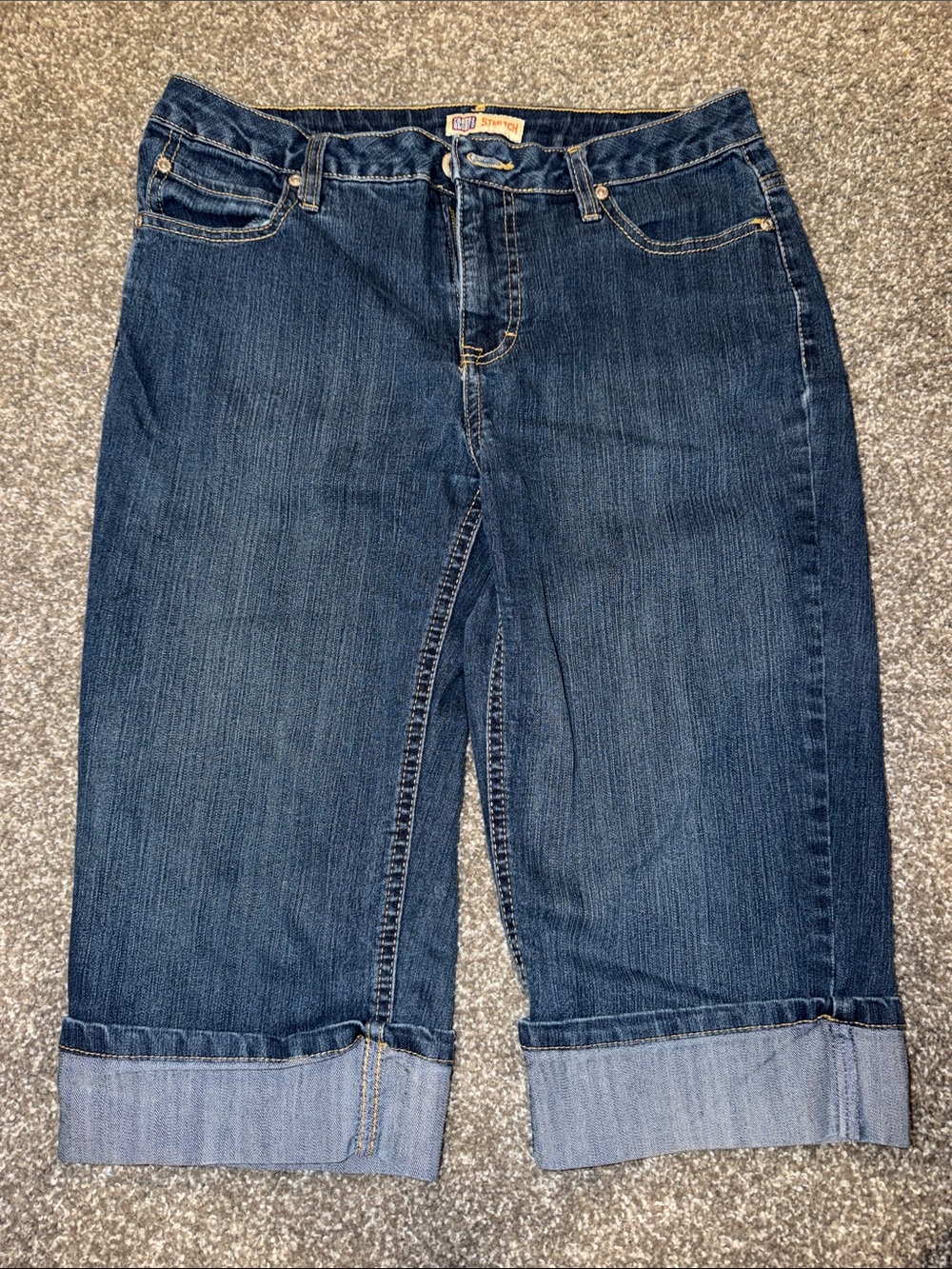 Y2K Faded Glory Dark Blue Cropped Denim Capris with Rolled Cuffs size 4